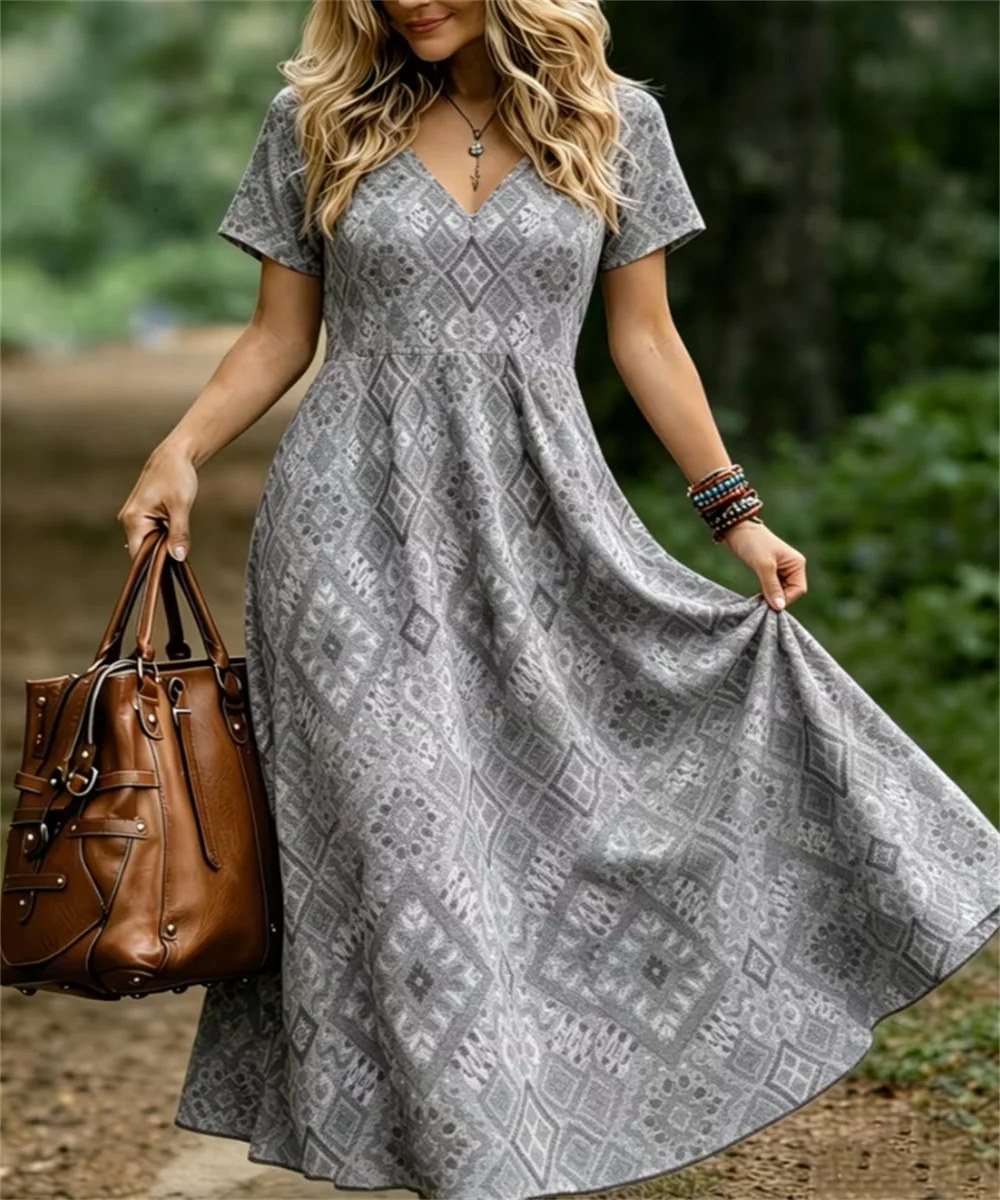 Ladies' summer new retro diamond geometric pattern printed daily comfortable dress, elegant and casual V-neck dress