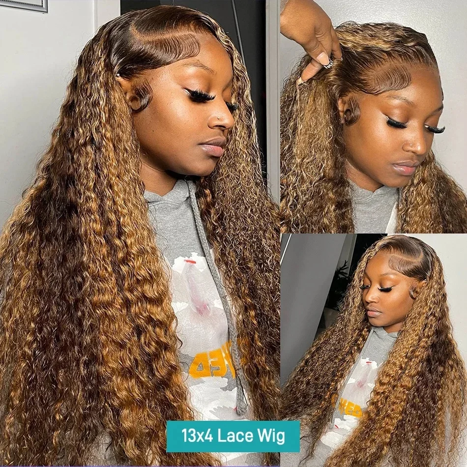 วิกผมลอนไฮไลท์ผมแท้ HD 13x6 วิกผมหน้าผากลูกไม้ วิกผมแท้สีน้ำตาลน้ำผึ้ง 13x4 วิกผมหน้าผากลูกไม้แบบถอนขนแล้ว