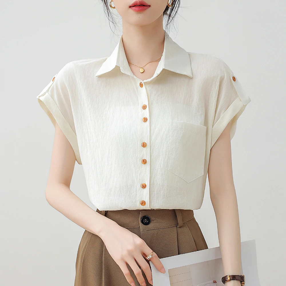 Women Summer Style Cotton Blouses Shirt Vintage Simple Solid Lady Casual Short Sleeve Turn-down Collar  Casual Loose Tops