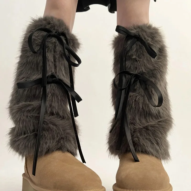 Y2K Faux Rabbit Fur Leg Warmers Winter Thickened Plush Bow Tie Plush Leggings Cold Protective Leggings Boot Cover Punk Socks