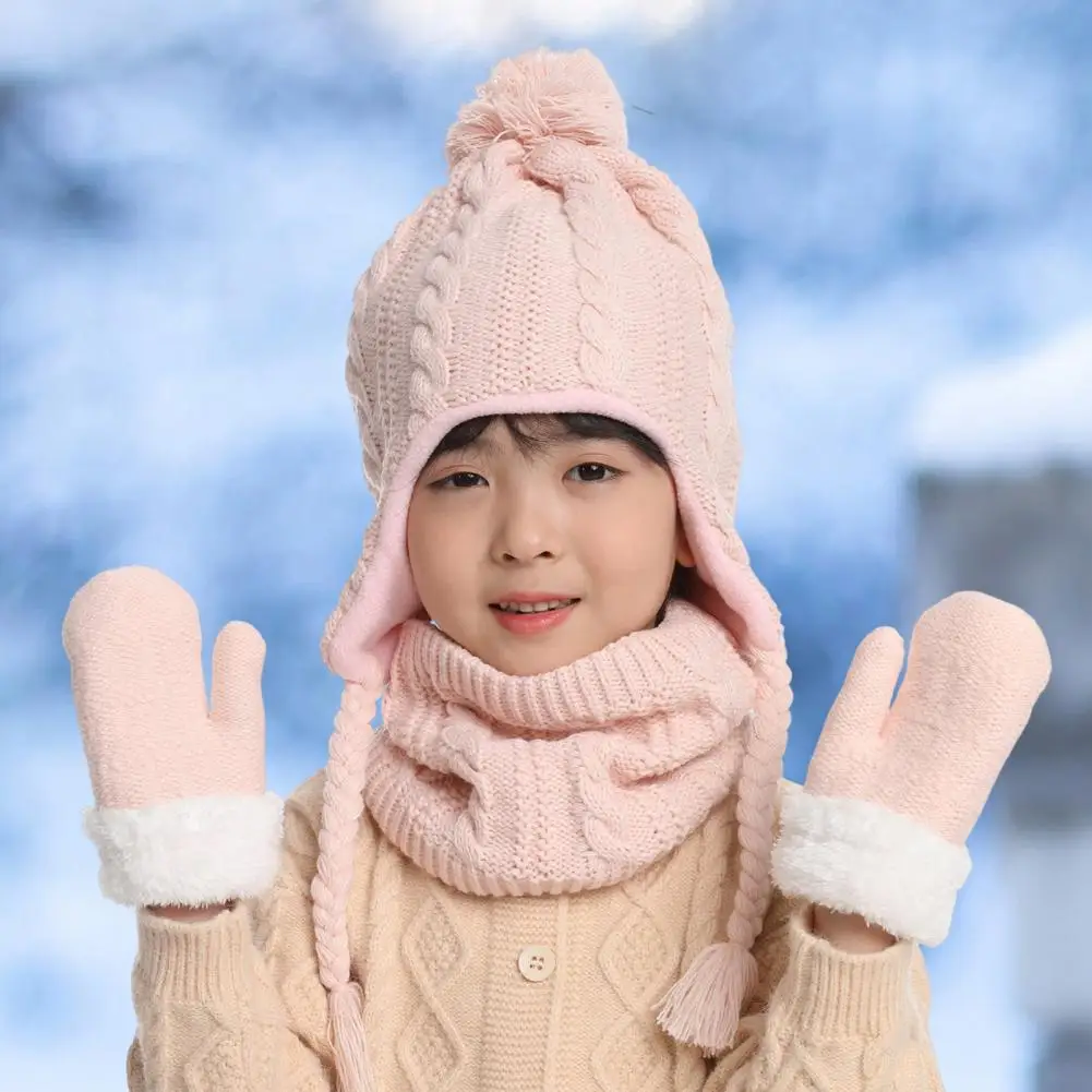 Conjunto de gorro cálido a prueba de viento para niños, conjunto de guantes de bufanda con decoración de bola de felpa, cubierta de cuello acogedora para exteriores para niños y niñas