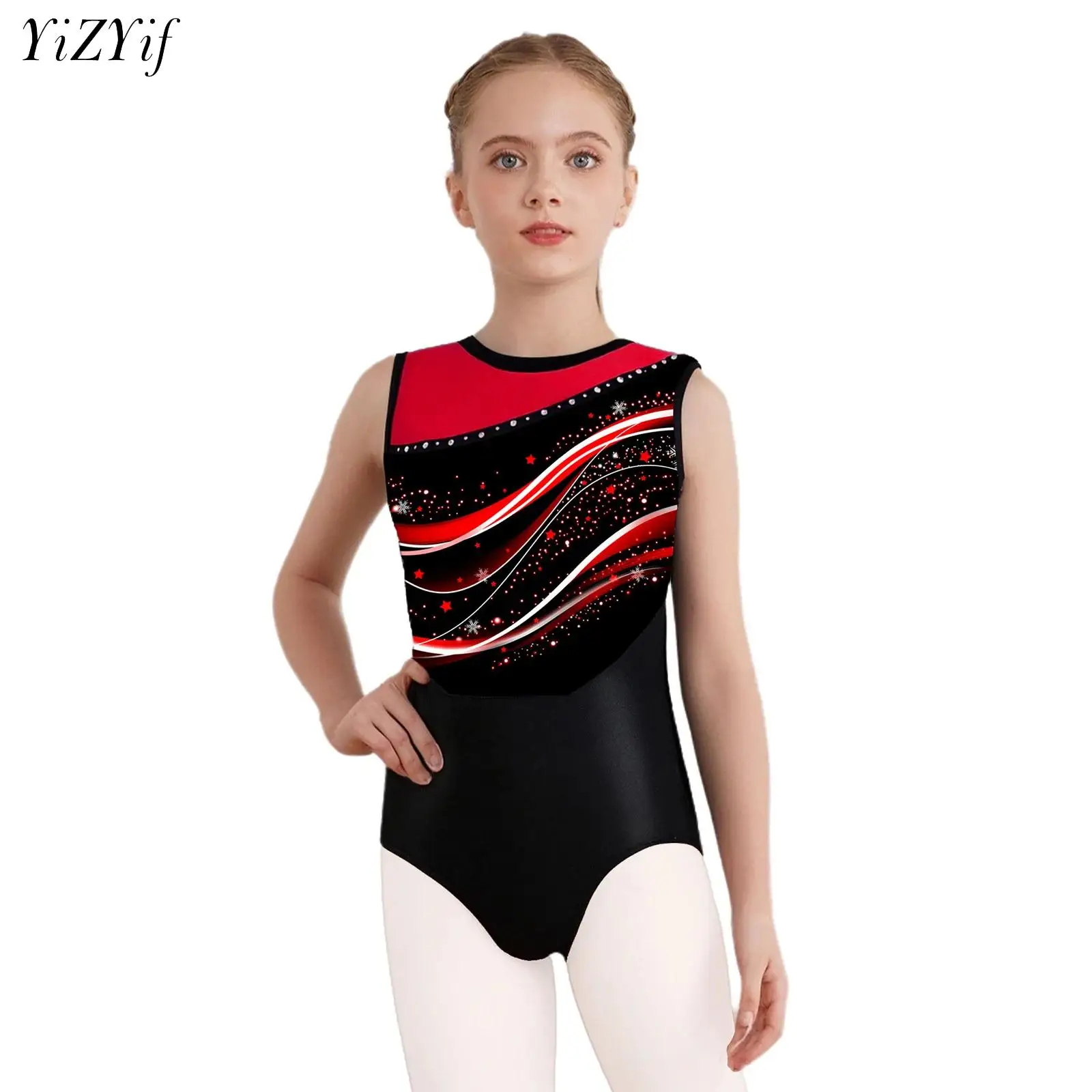 

Kids Girls Ballet Leotard Sleeveless Stylish Print Patchwork Bodysuit for Ballerina Dance Rhythmic Gymnastics Workout Dancewear