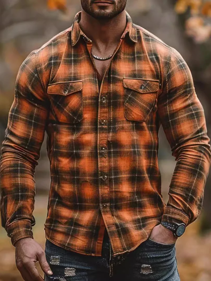 Men's Plaid Print Long Sleeve Fleece Lined Shirt Casual Loose Fit Canvas Material Printed Design Autumn Fashion Youth Clothing
