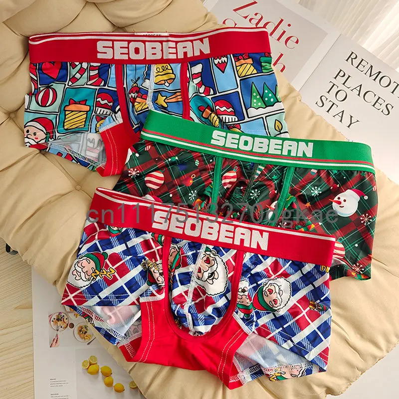 Seobean 3-Pack Christmas Elements Men's Comfortable Fashion Briefs Flat Angle Underwear for Men