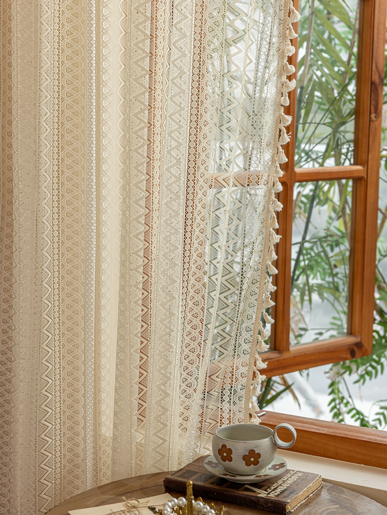 1pc Elegant Lace Rod Pocket Curtains with Tassel Fringe for Bedroom and Living Room Decor, Triangle Wave Pattern