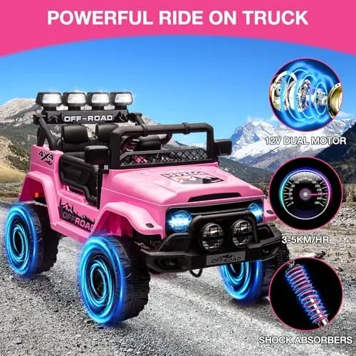 12V Ride On Truck Car, Battery Powered Car w/Remote Control, Spring Suspension, LED Lights, Bluetooth, 3 Speeds, Electric Car