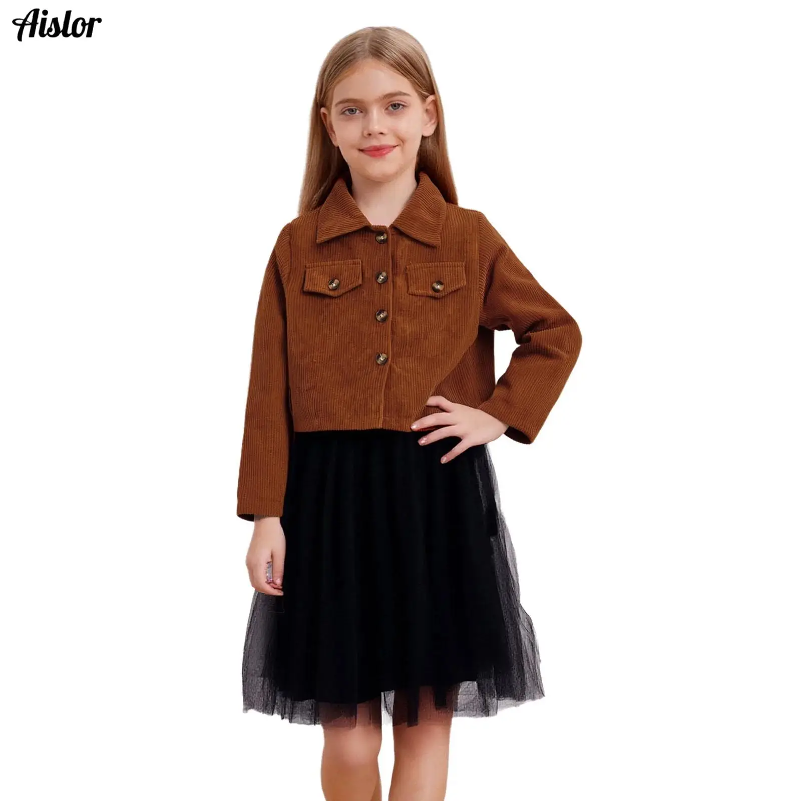 

Детское модное платье из двух предметов для девочек, тюлевое платье без рукавов с поясом и отложным воротником, вельветовая куртка на пуговицах с длинными рукавами, пальто