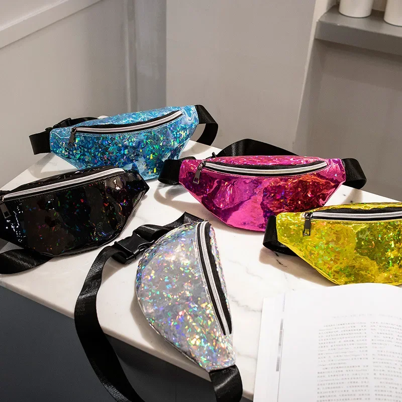 Lantejoulas holográficas Fanny Pack para mulheres, cintura, saco de peito, cinto, saco de bum, nova moda