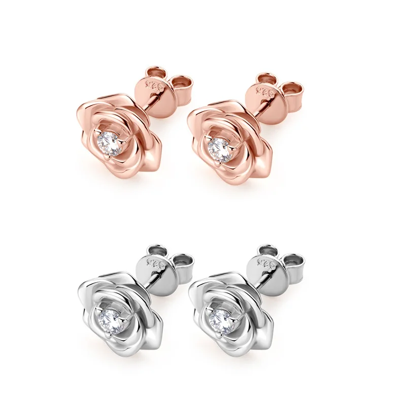 

Rose Gold Plated Earrings 100% 925 Silver 3mm D Color Moissanite Flower Stud Earrings Cute Jewelry Valentine Day Gift for Women