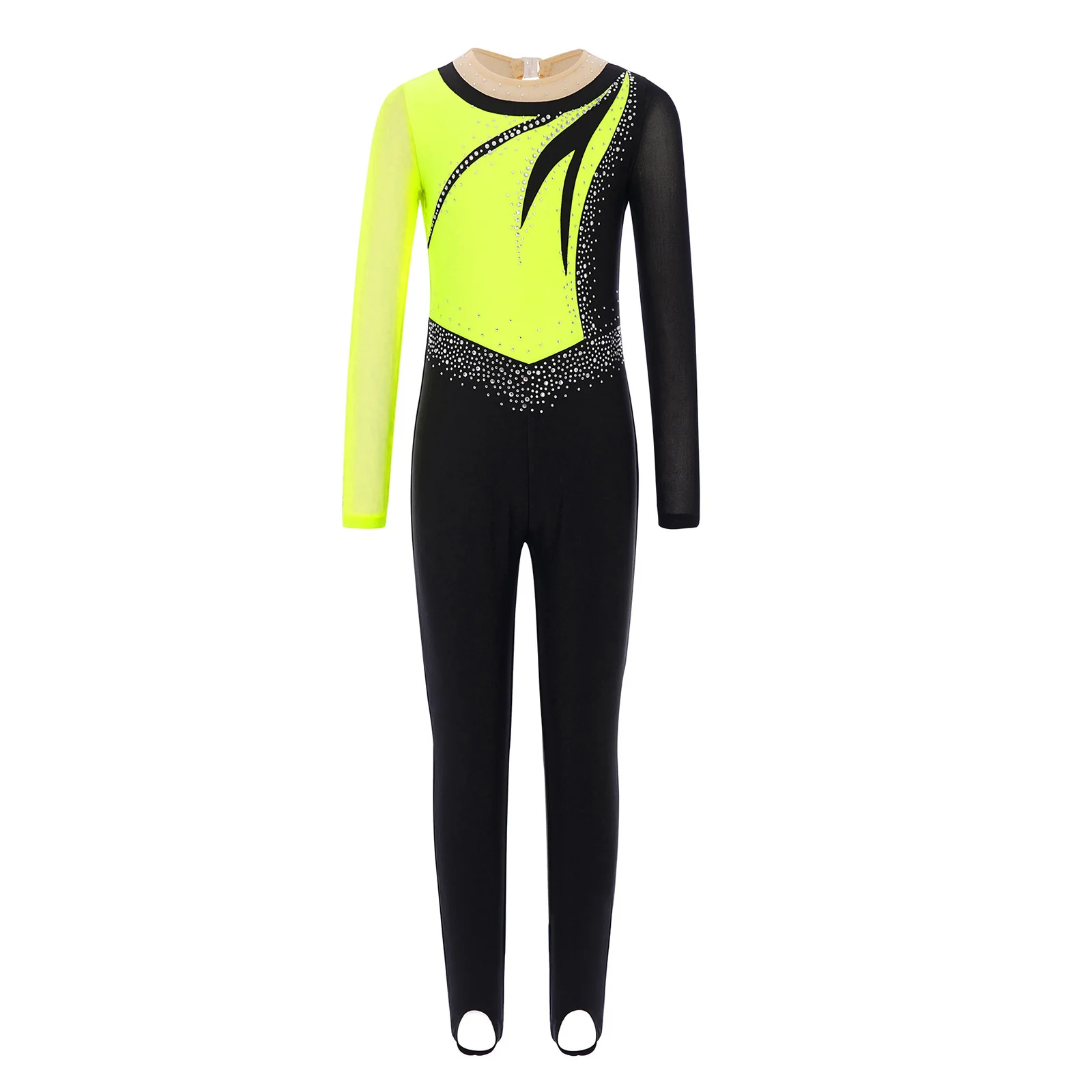 Kids Girls Gymnastics Acrobatics Performance Jumpsuits Costume Long Sleeve Rhinestones Stretchy Ballet Skating Dance Jumpsuit