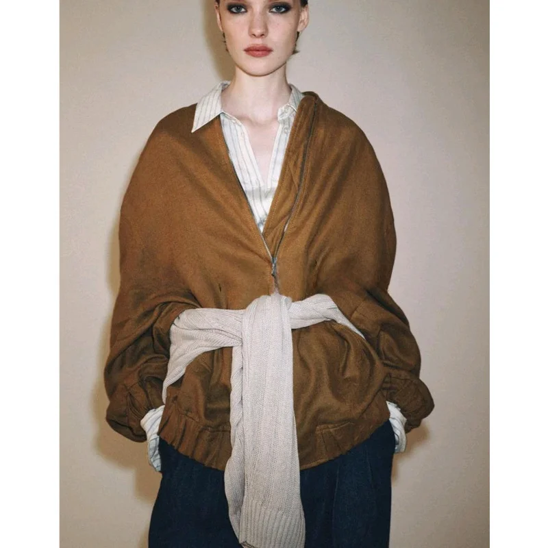 

Loose Fit Metal Zipper Linen Blend Long Sve round Ne Outerwear Autumn New Arrival Women's Casual Sle Polyester Fiber