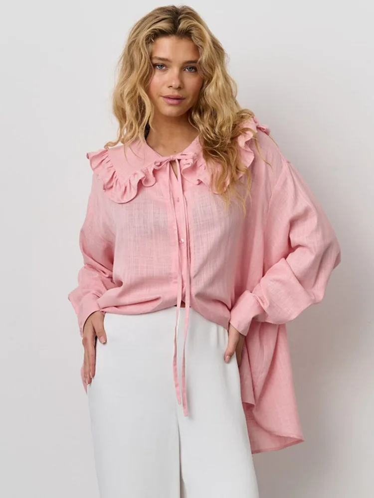 

Blifanbo Autumn Lace-up Ruffle Shirt Tops For Women Peter Pan Collar Long Sleeve Casual Single Breasted patchwork fashion Shirt