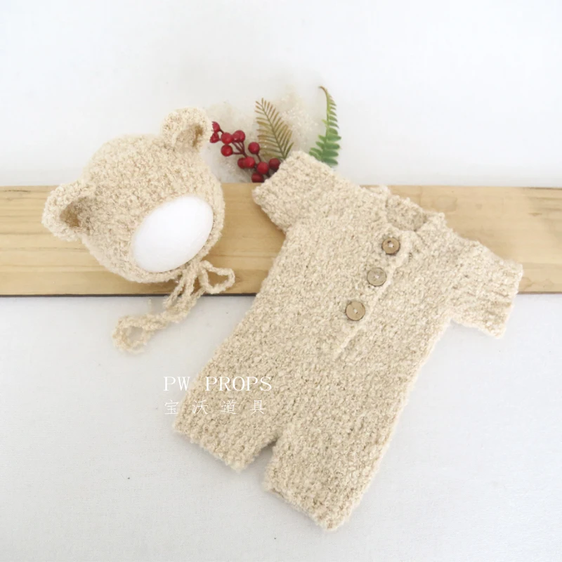 Knitted Newborn Baby Girl Teddy Bear Romper Outfit Vintage Clothes Dress Photography Props Baby Photo Props Clothes