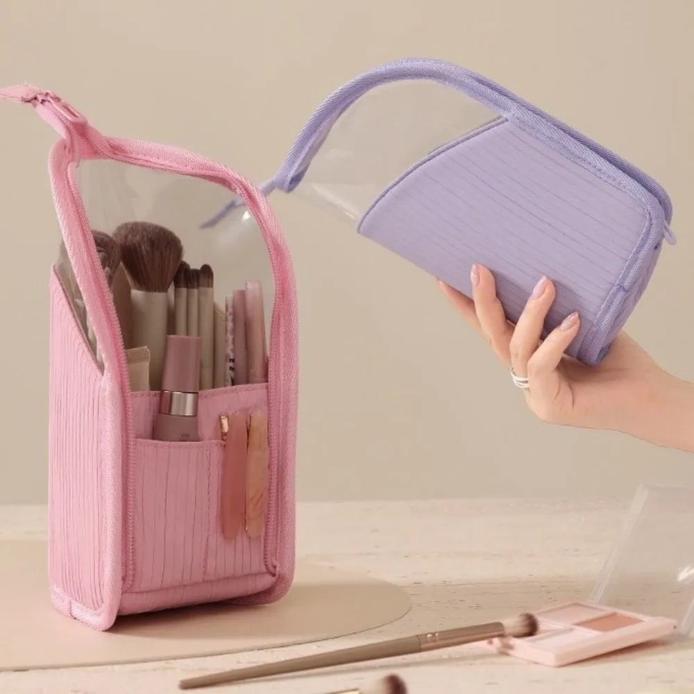 Large Capacity Vertical Cosmetic Bag Waterproof Visible Makeup Brush Case Portable Standing Travel Storage Pouch Women
