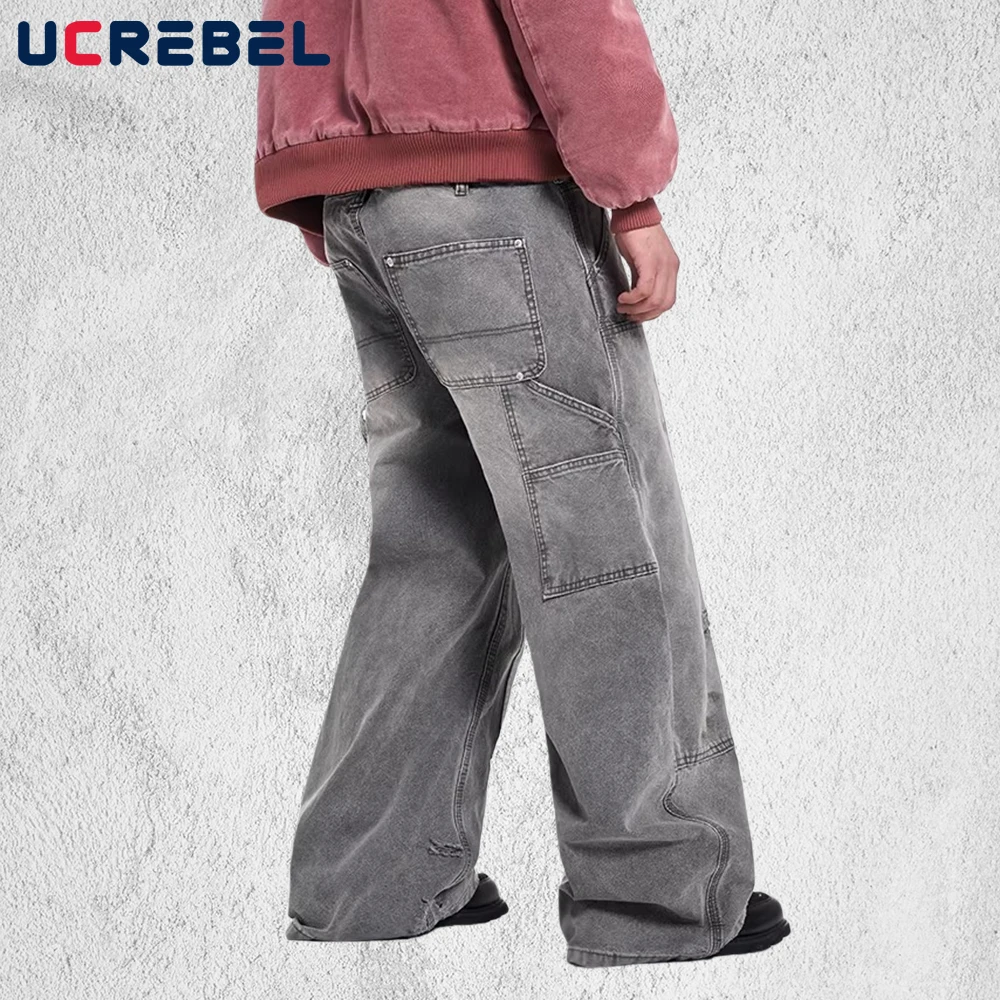 Ripped Cargo Jeans Mens Double Knee Retro Streetwear Washed Distressed Baggy Wide Leg Pocket Banana Denim Pants Man