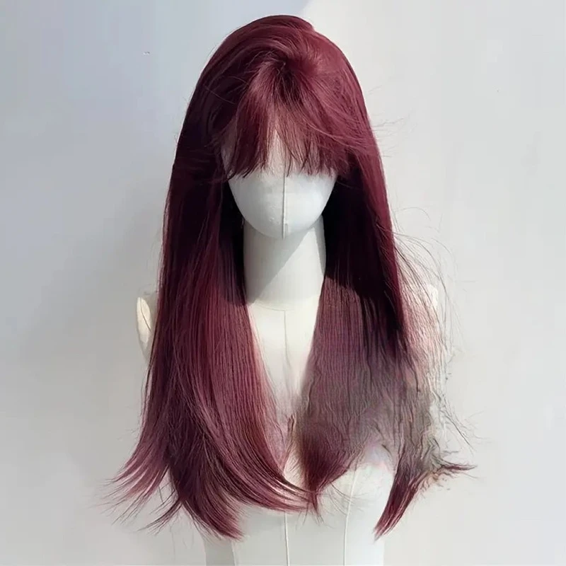 

Wig woman, burgundy Qi bangs long straight hair, the same simulated scalp natural breathable full head wig