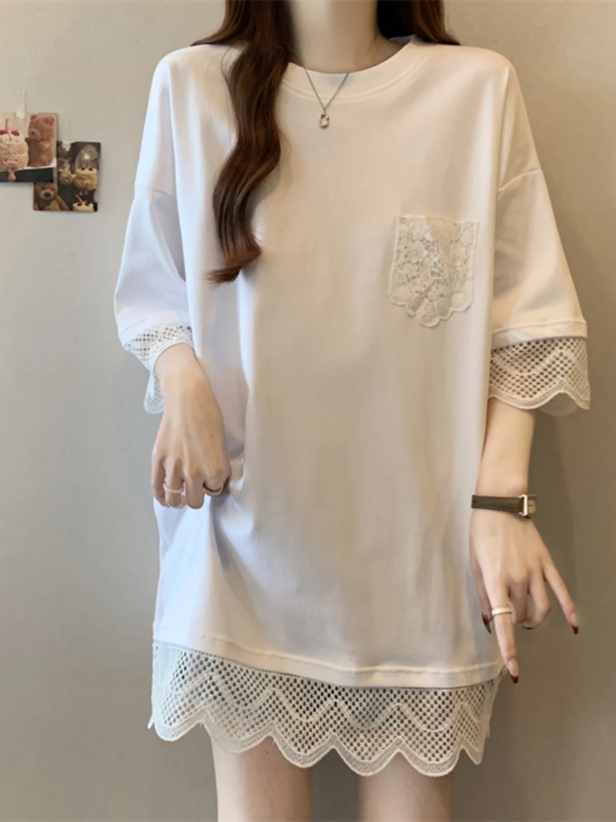 Spring Lace Patchwork Short Sleeve T-Shirt Women's plus Size Mid-Length Cover Butt Base Shirt Korean Style Casual Comfortable