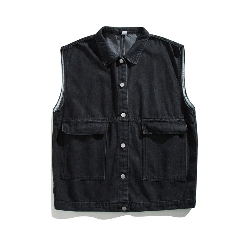 Men’s Vintage Denim Vest Japanese Retro Button-Up Jean Gilet Loose Fit Large Pockets Sleeveless Jacket Casual Streetwear Top