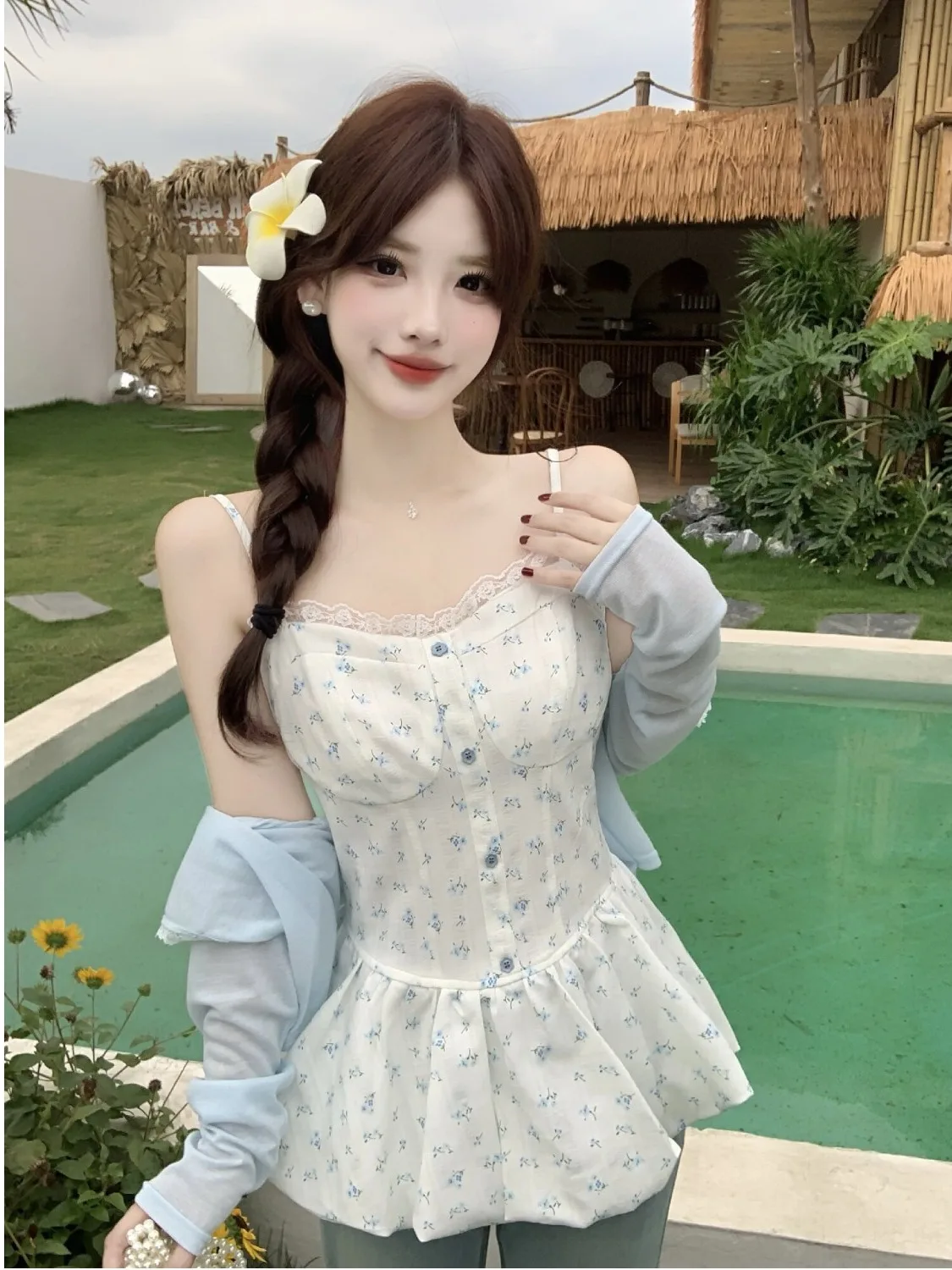 

plus Size Women's Korean Style Floral Print Halter Top Summer New Waist-Cinching Sun Protection Open Cardigan Slimming Effect