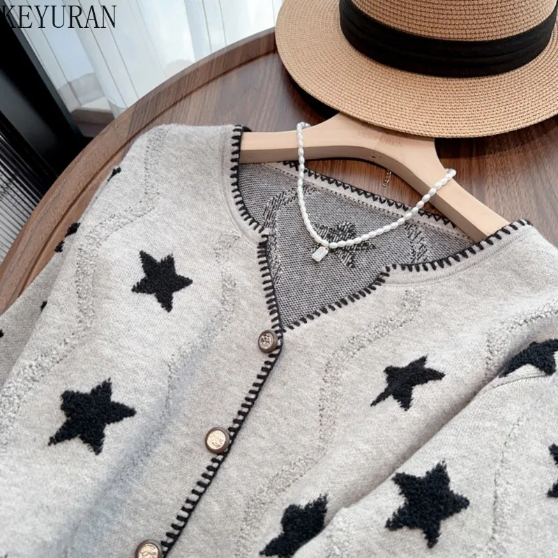 2024 Autumn Winter Loose Sweater Coat Women\'s Vintage V Neck Long Sleeve Button Star Graphic Knit Cardigan Jacket Knitwear Tops