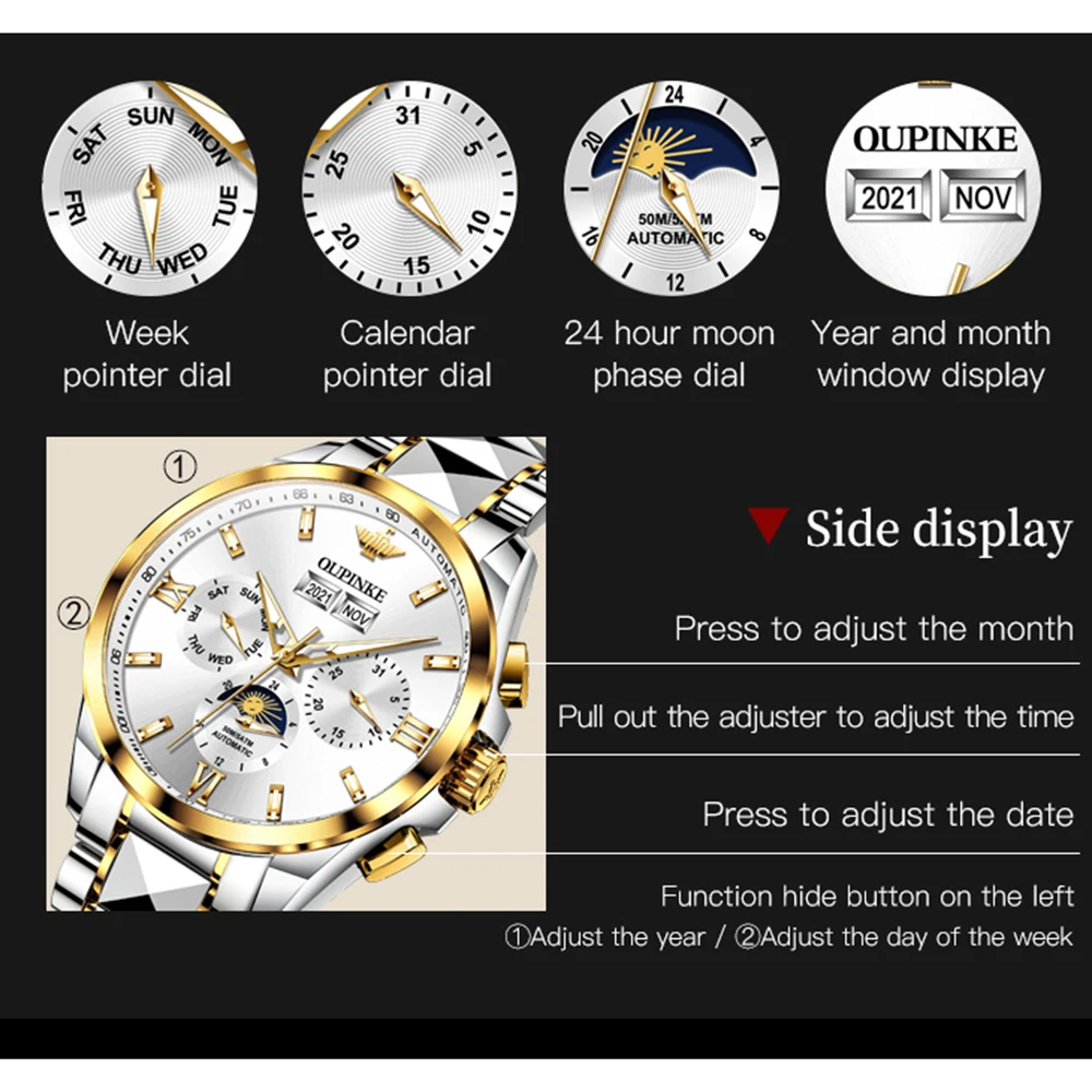 OUPINKE 3201 Auto Date Mechanical Watch For Men Moon Phase Deep Waterproof Dress Hand Clock Luxury Original Man Automatic Watch