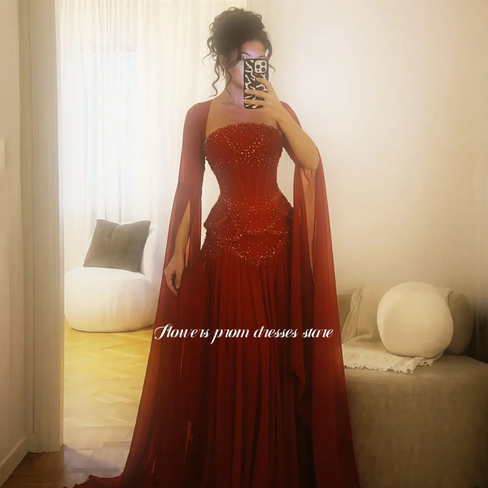 Flowers Red Party Dress with Flare Sleeve A Line Evening Dress with Beading Formal Occasion Dress for Princess Robe Customized