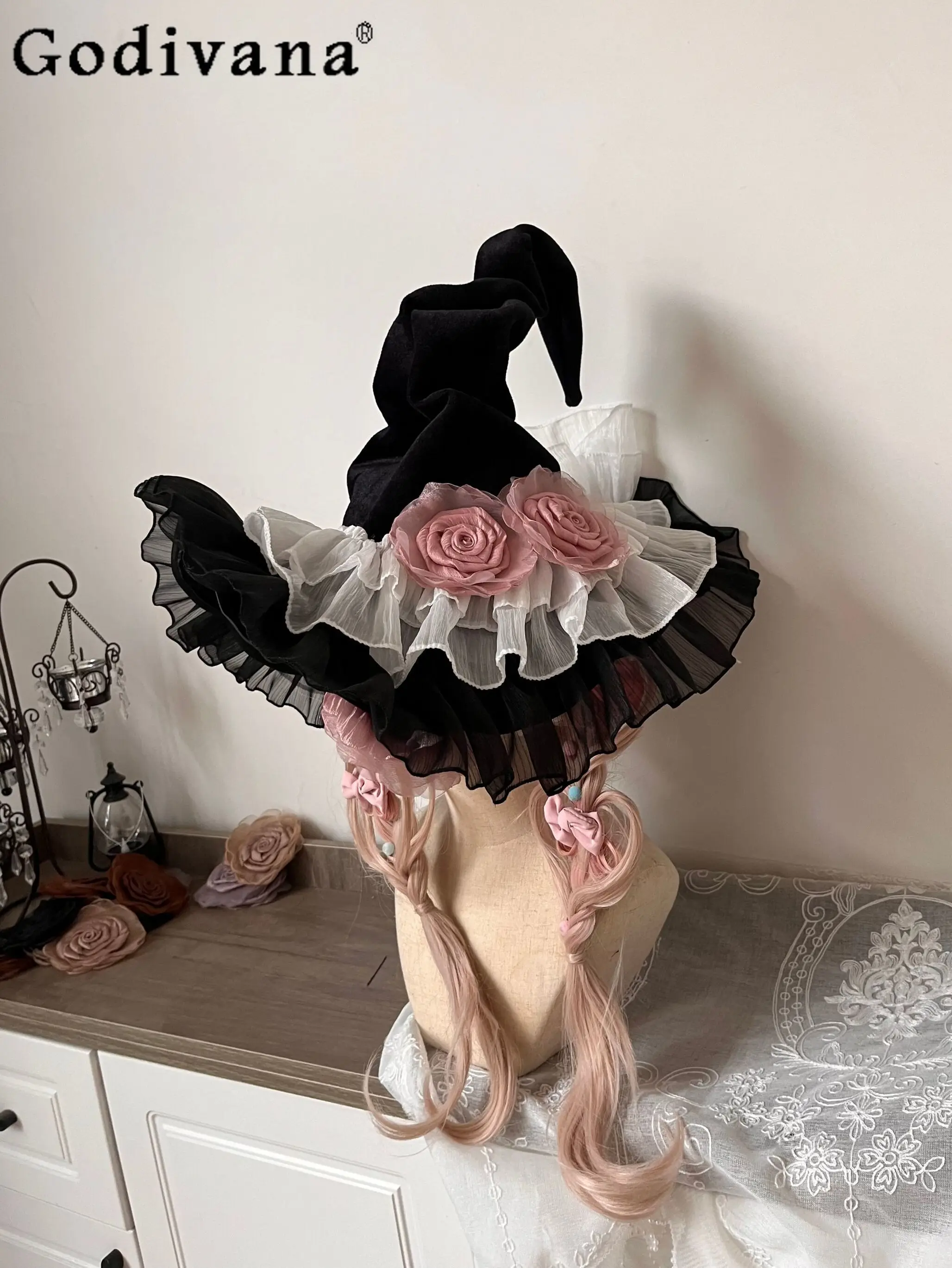 日本オリジナル手作りハロウィン魔女帽子ゴシックスタイル要素ダークスイートクールガールロリータコスプレ装飾帽子