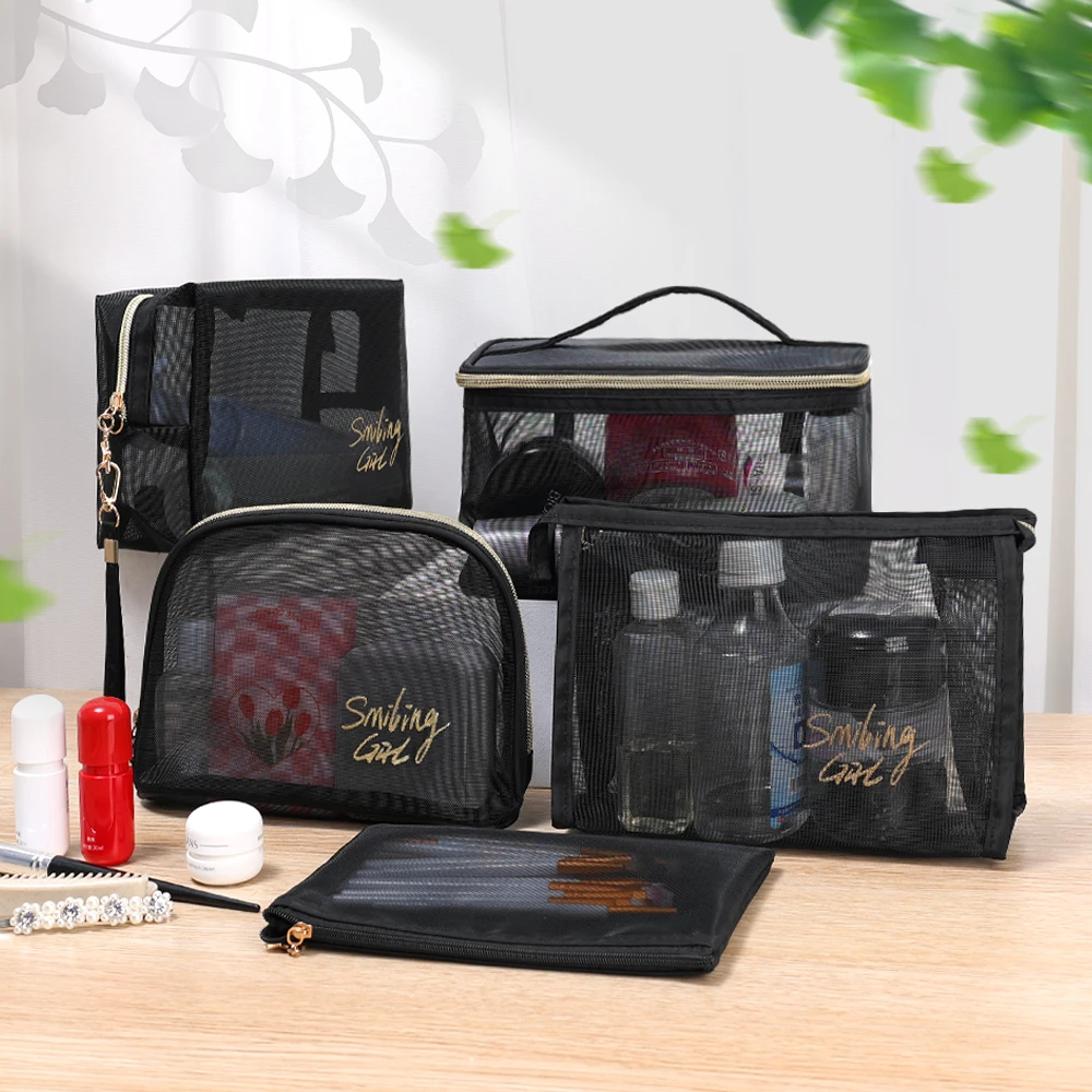 Custodia per trucco in rete nera di grande capacità Custodia per organizer Borse per il lavaggio da toilette con cerniera casual Borsa per cosmetici