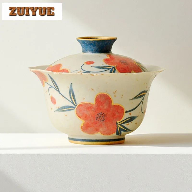 

130ml Caramel Glaze Hand-painted Peach Blossom Gaiwan Retro Tea Tureen Tea Bowl With Lid Kit Tea Maker Cover Bowl Teaware Craft