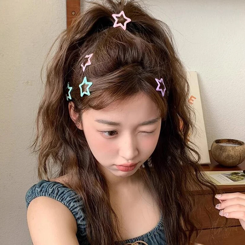 

10-21pcs Hair Jewelry Clips Colorful Korean Star Barrettes Y2K Sweet Girls BB Solid Star Hairclips Metal Snap Clip Headdress