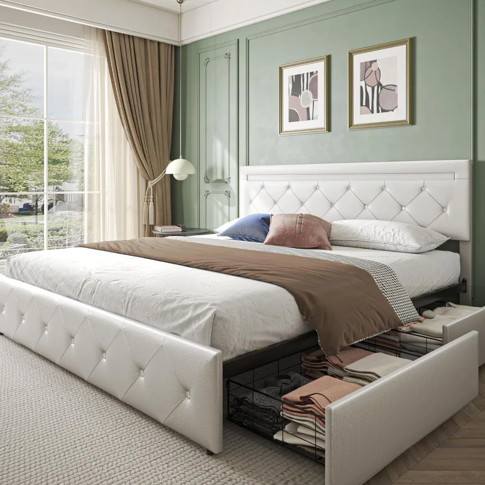

Bed Frame Queen Size with Storage Drawers and LED Light, 2 Sockets and 2 USB Ports, Adjustable Headboard with PU Leather Upholst