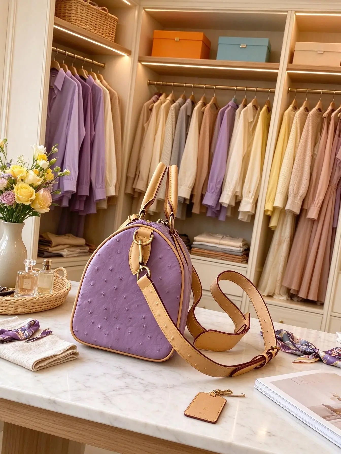 Luxury Lavender Ostrich‑embossed Ladies Boston Bag Contrast Leather Trim Top‑handle Multi‑tag Pendant Adjustable Wide‑strap Crossbody Bag