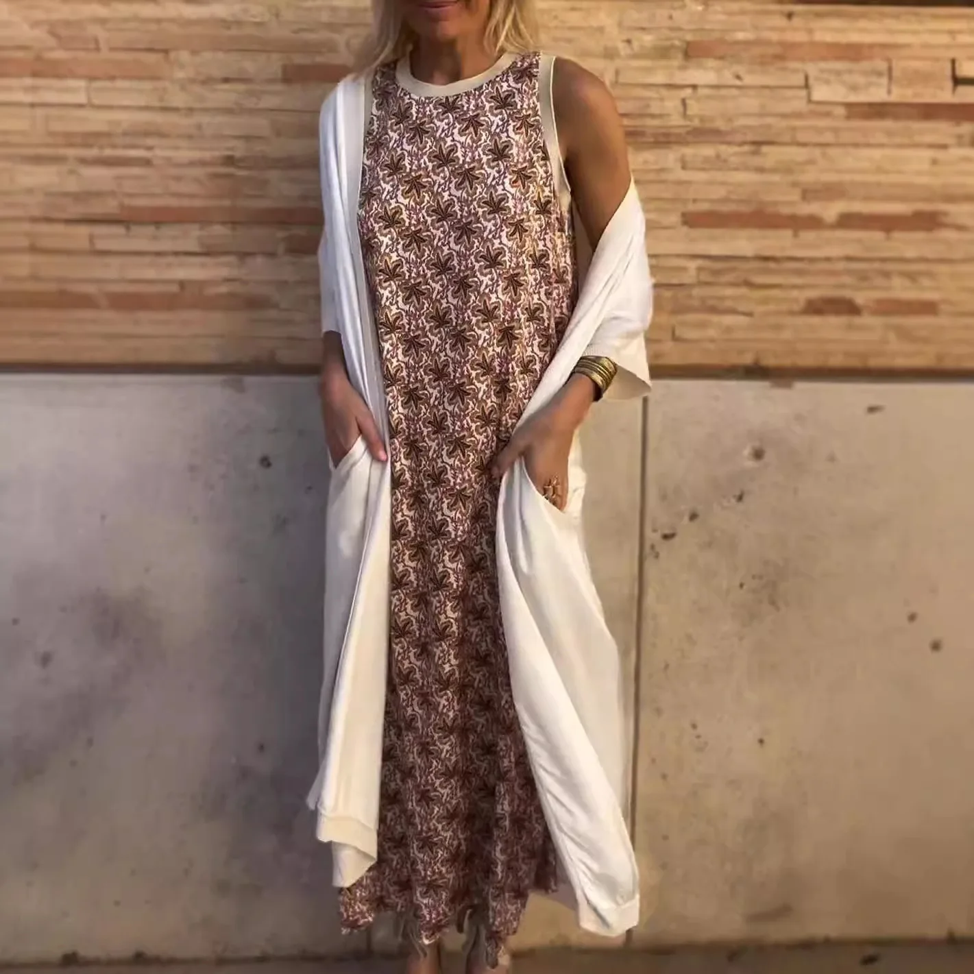 Damski komplet na wakacje na plaży: luźny kardigan w jednolitym kolorze, elegancki szal, sukienka bez rękawów z nadrukiem, szlafrok, 2-częściowy zestaw, nowy model 2025.