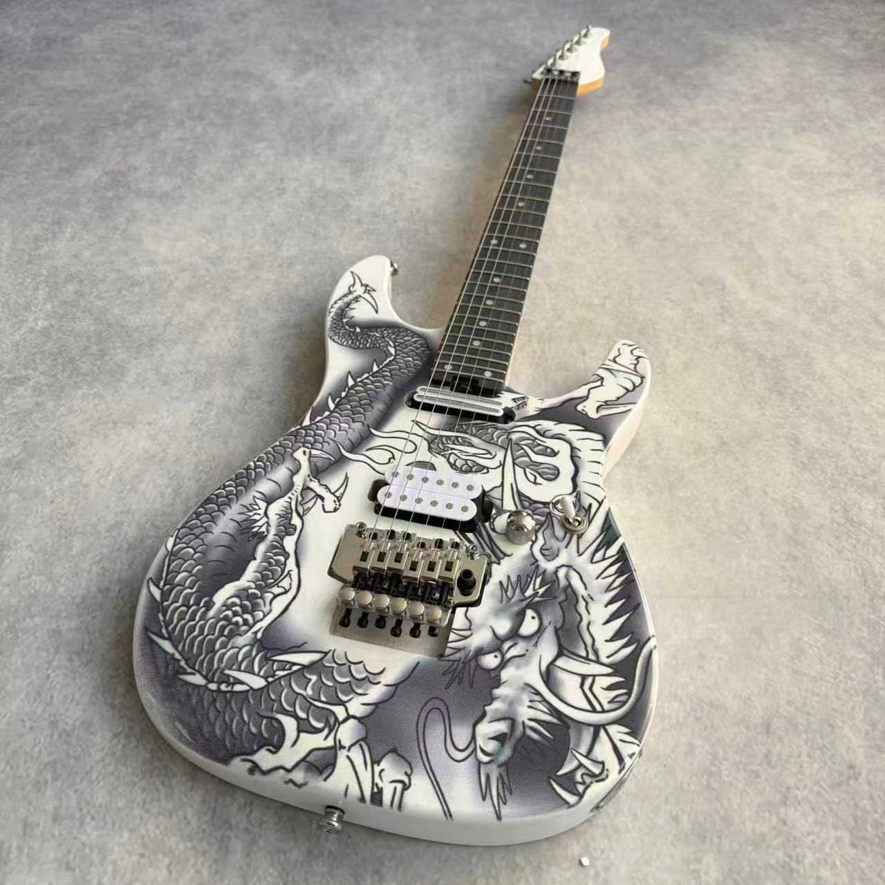 Custom 6-String Electric Guitar, Black Dragon Print on White Body, Double Tremolo, HH Pickups, Rock Guitar
