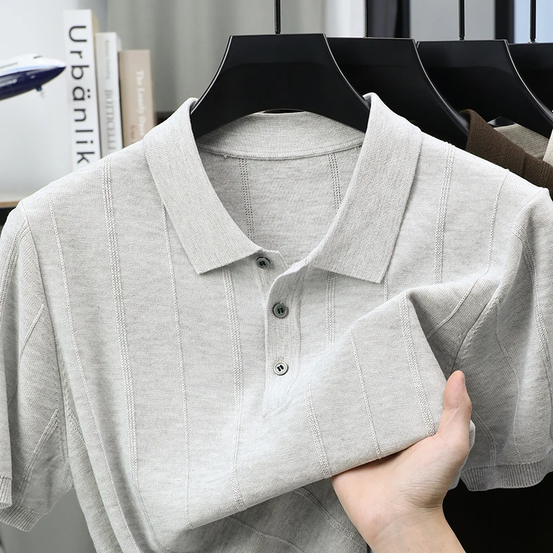 Hot Selling Men's Lapel Knitted Sweater High Density Quality No Pilling Cool Feeling Short Sleeve Summer Comfort Men's Clothing