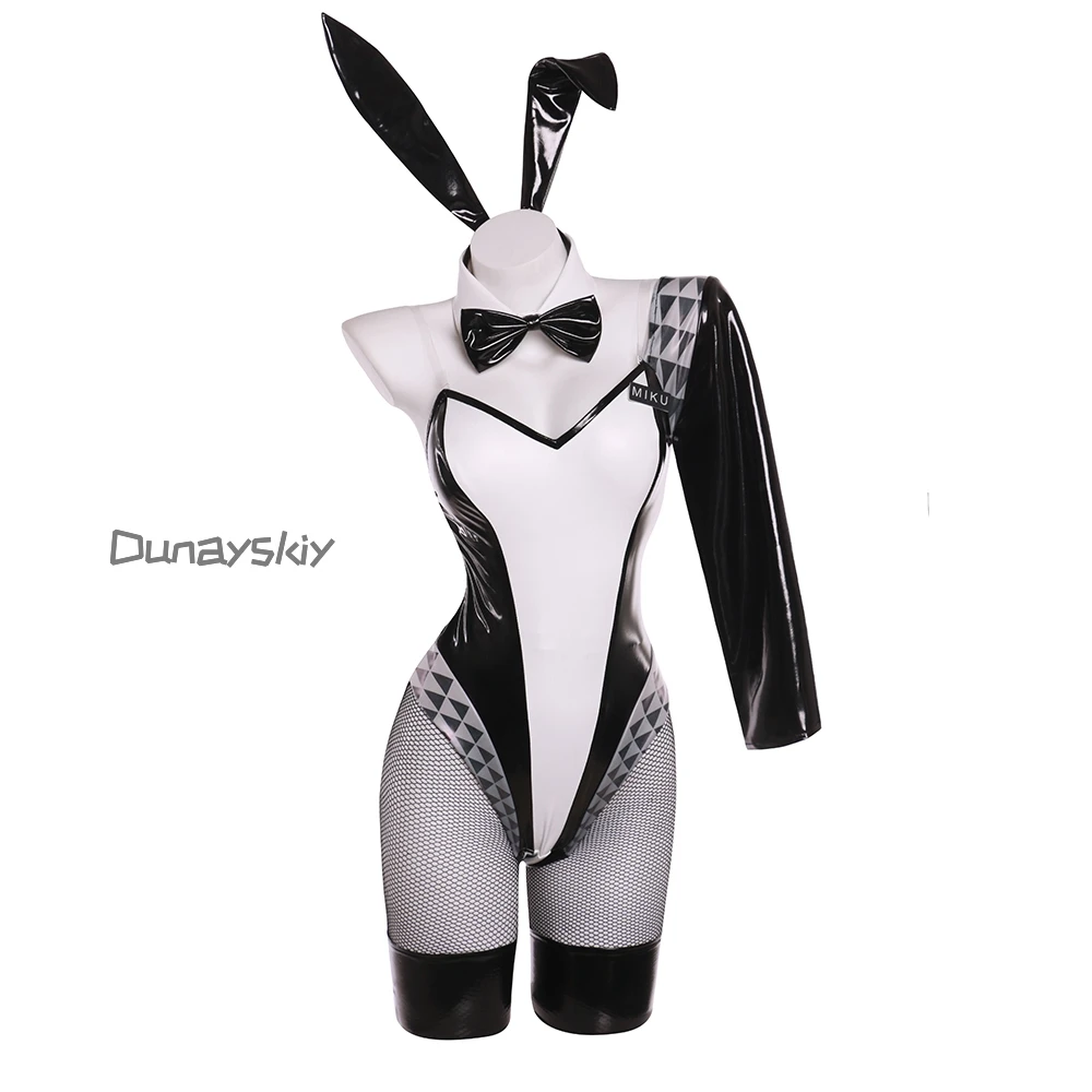 FREEing Vocal Series 01 disfraz de chica conejito mujer tela de cuero elástico Sexy Cosplay traje de conejito monos blancos y negros