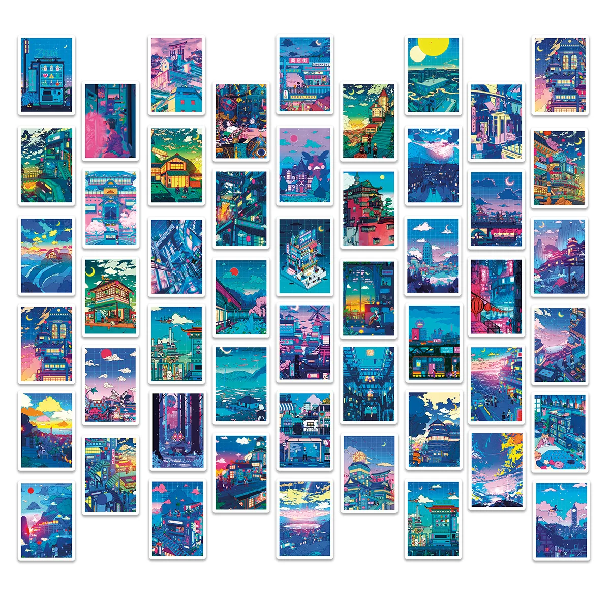 50Pcs Anime View Street Night Painting Prints Cartoon Stickers Cute Aesthetic Decals Skateboard Laptop Phone Cool Sticker