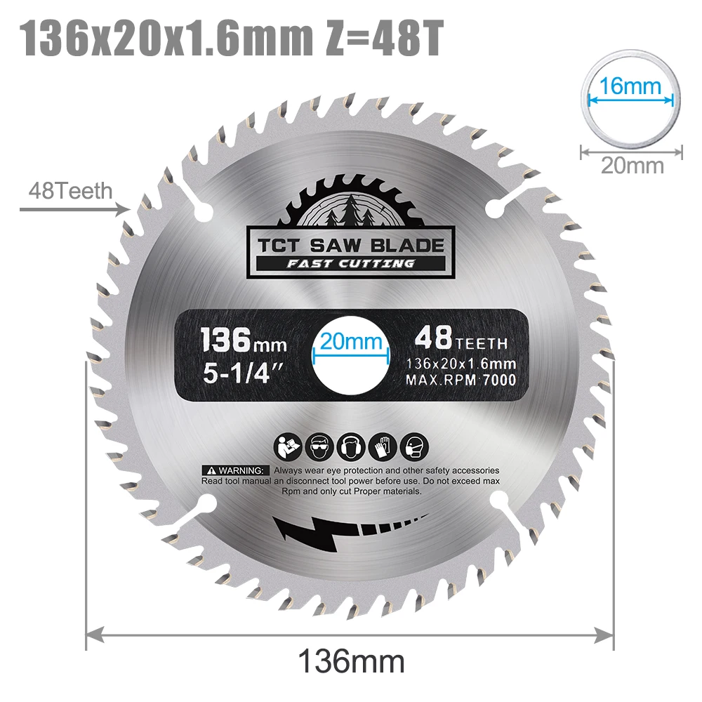 CMCP 1pc 136mm Circular Saw Blade TCT Carbide Saw Blade Bore 20mm Wood Cutting Disc 48T For Wood Plastic Cutting Tools