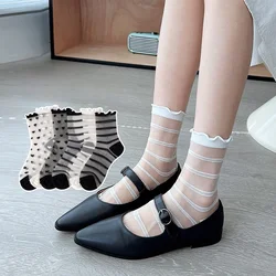 1 Pair Women's Lolita Summer Thin Crystal Glass Socks French Lace Ruffled Knee High Heart Stripes Sheer Mesh Socks for Girls