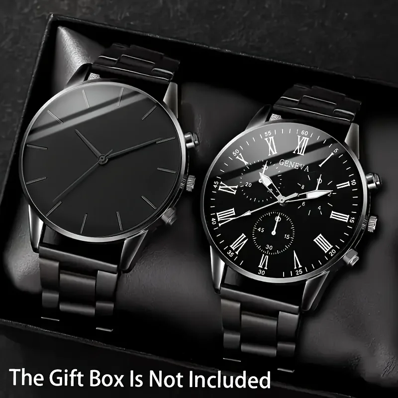 2pcs/set Men's Fashion Strap Quartz Watch Set, Black Design, Precise Timing, Suitable for Business and Casual Wear (No Box)