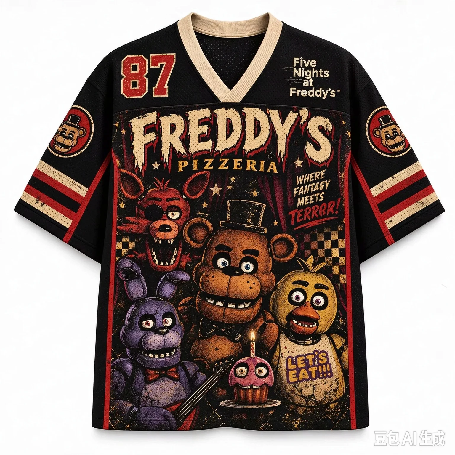 Vintage Circus Horror Mesh Hockey Jersey, Retro Creepy Puppet Pizza Poster Design, V-Neck Short Sleeve, Street Style Gamer Tee