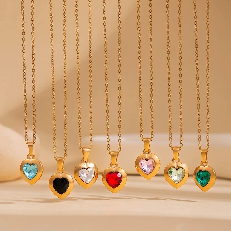 Ins Stainless Steel Clavicle Necklaces for Women Gold Color Red Blue Rhinestone Heart Pendant Choker Stackable Wedding Jewelry