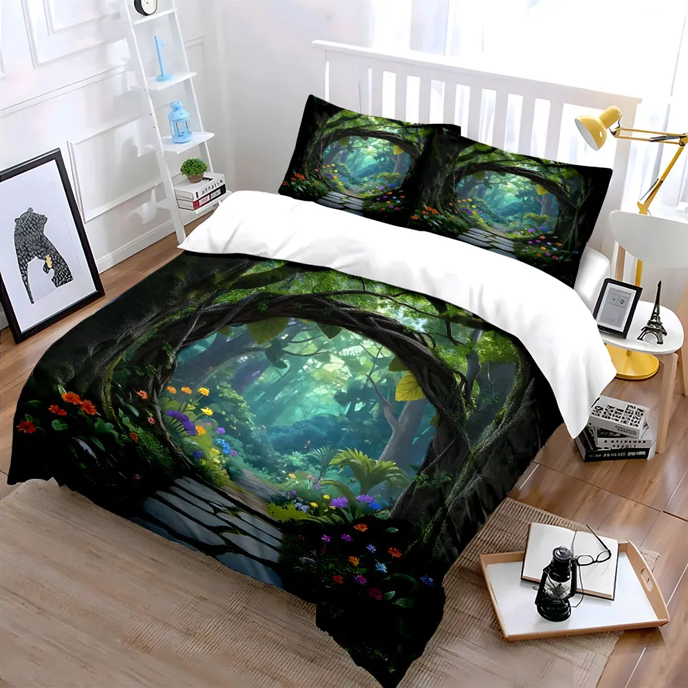 Enchanted forest gate to path Pattern Duvet Cover Set Digital Print Colorful Polyester Bedding with Zipper Closur for gifts