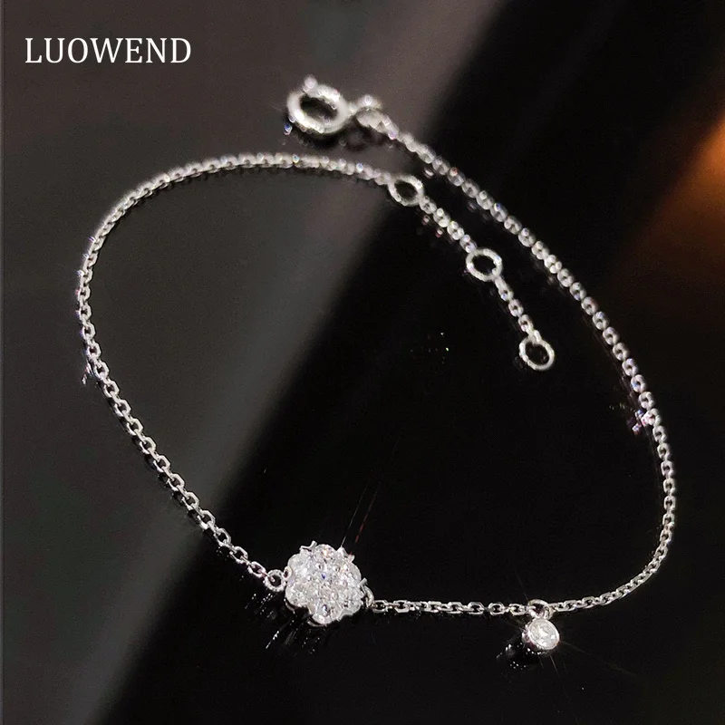 

LUOWEND 100% 18K White Gold Bracelet Romantic Sakura Design 0.20carat Real Natural Diamond Bracelet for Women Christmas Gift