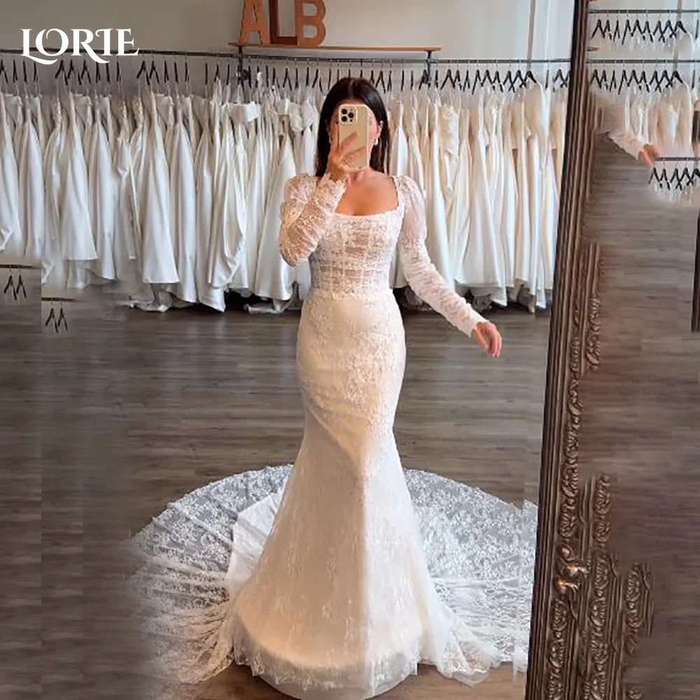 

LORIE 3D Flowers Lace Wedding Dresses Puff Sleeve A-Line V Neck Pricess Beach Bridal Gown Boho Backless Bride Dresses Customized