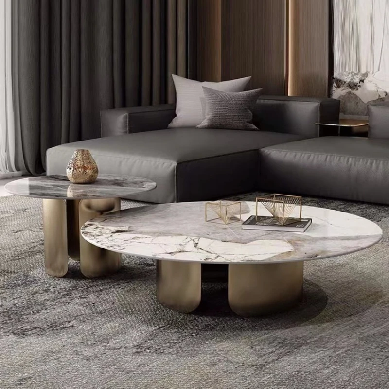 

Light luxury bright rock slab coffee table Italian minimalist designer size round coffee table combination living room home