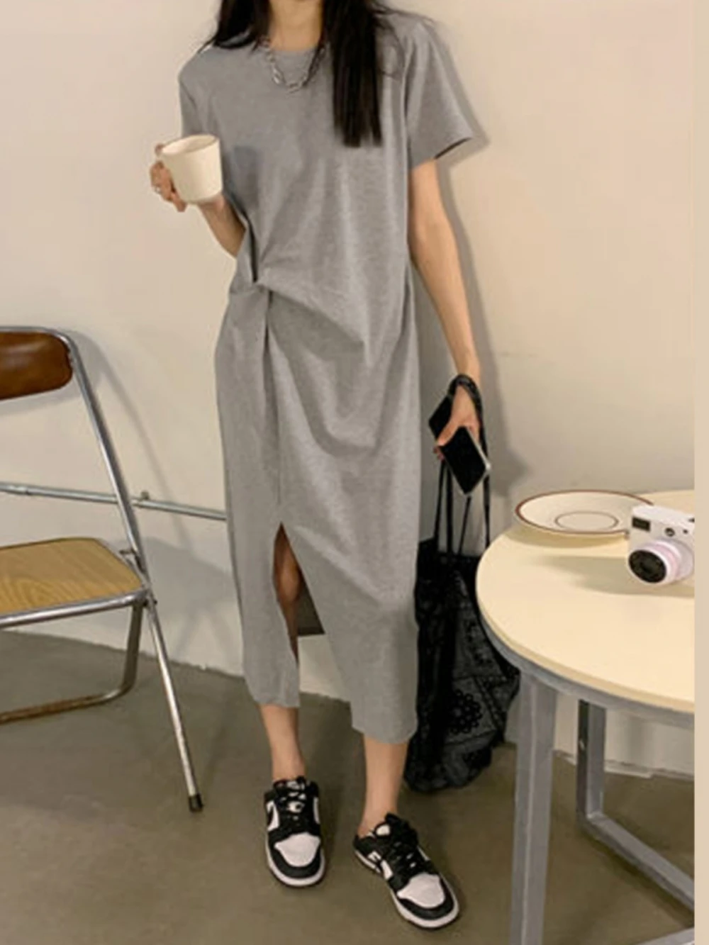 

plus Size Women's T-Shirt Dress Korean Style Pleated Split Short Sleeve Casual Loose Meat Covering Long Skirt Summer Fashion