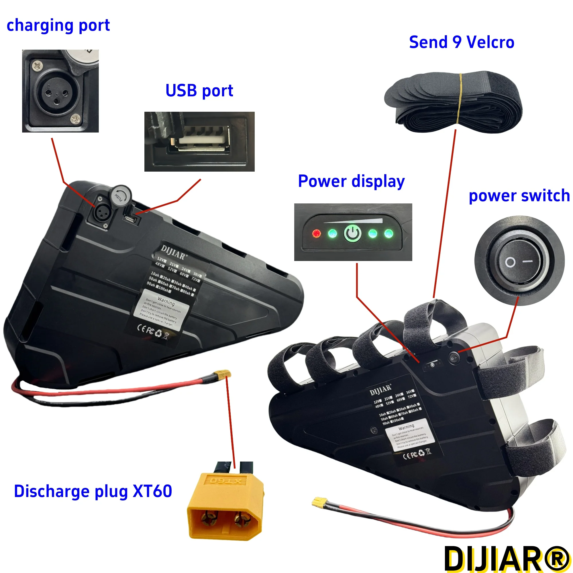 DIJIAR Triangle Battery 52V20AH-60AH Large Capacity, Built in BMS Protection, Air Transport, Application 500W-2000W