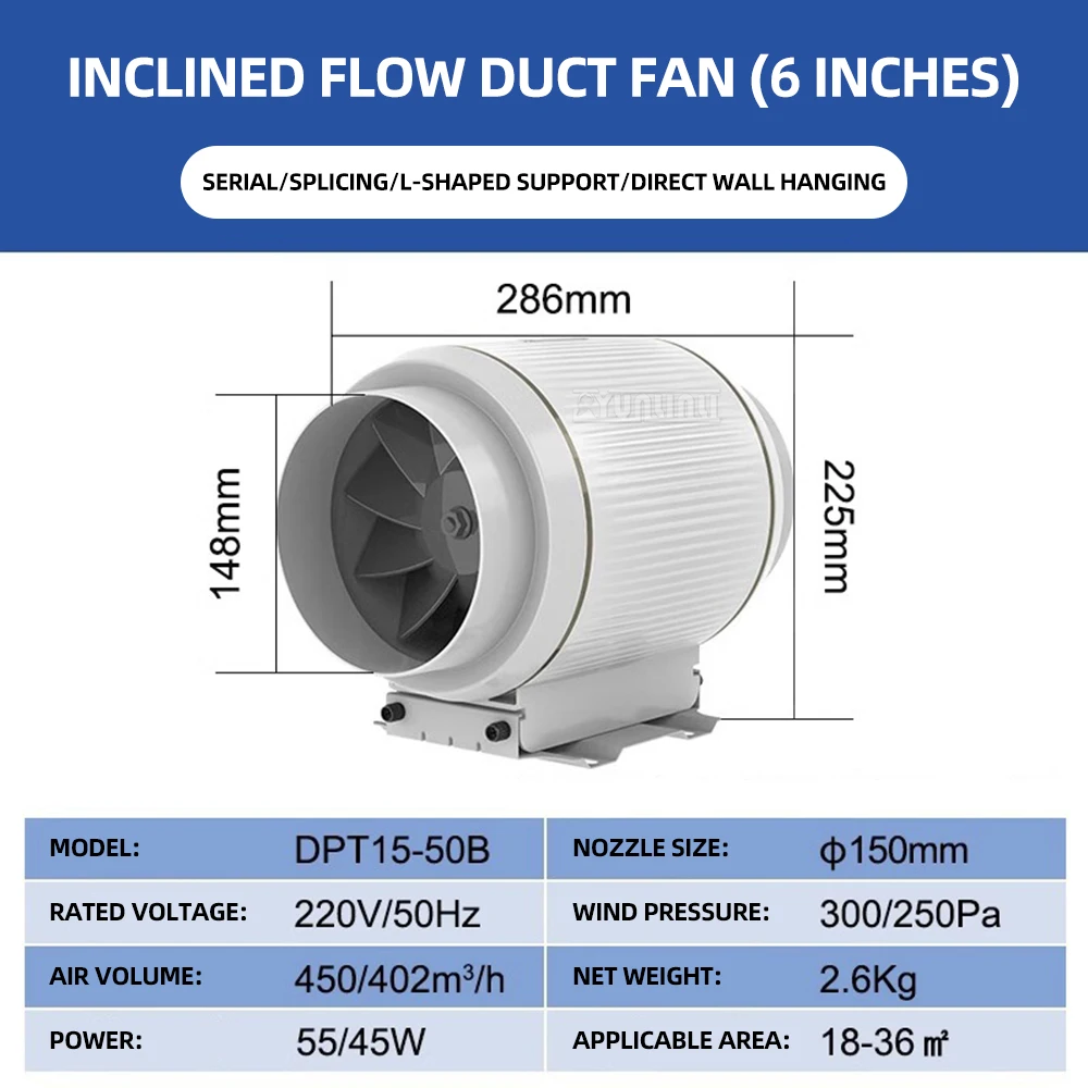 4/6inch Duct Fan Household Powerful Silent Duct Exhaust Fan Angled-Discharge Pipeline Fan