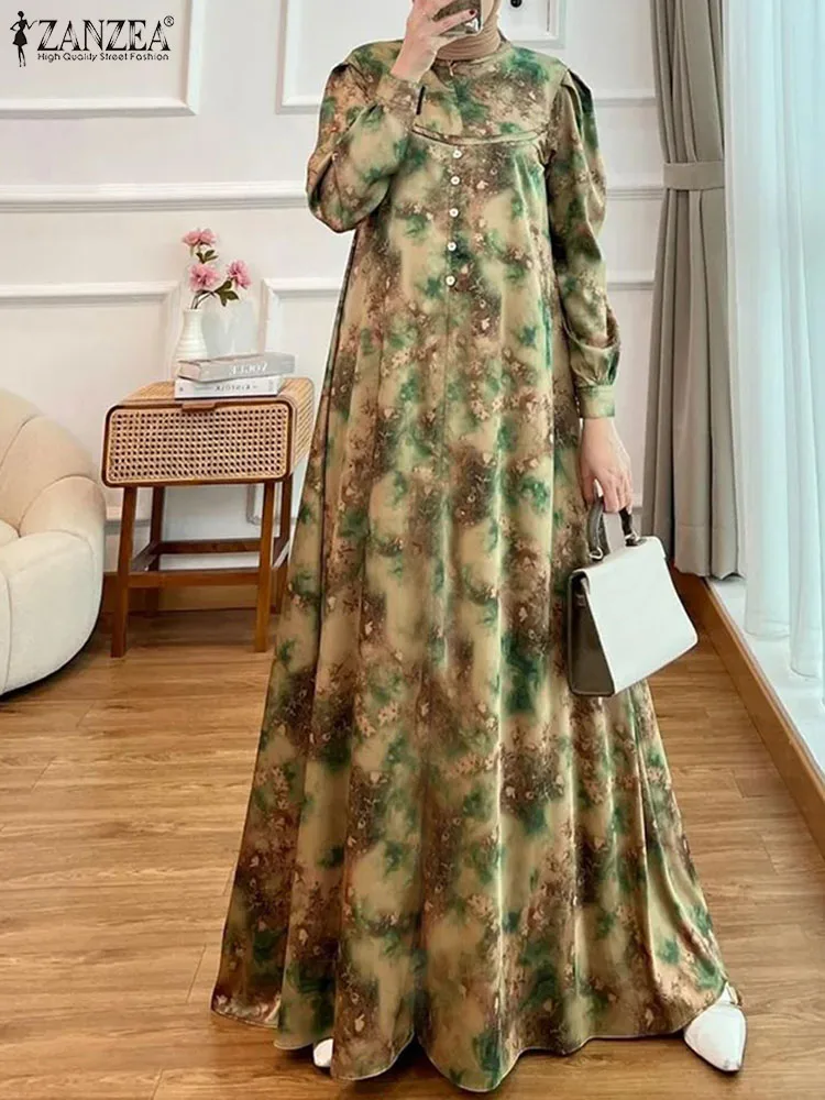 

ZANZEA Bohemain Maxi Sundress Women Vintage Long Sleeve Muslim Dress Casual Floral Print Vestidos Robe Femme Turkey Abaya Kaftan